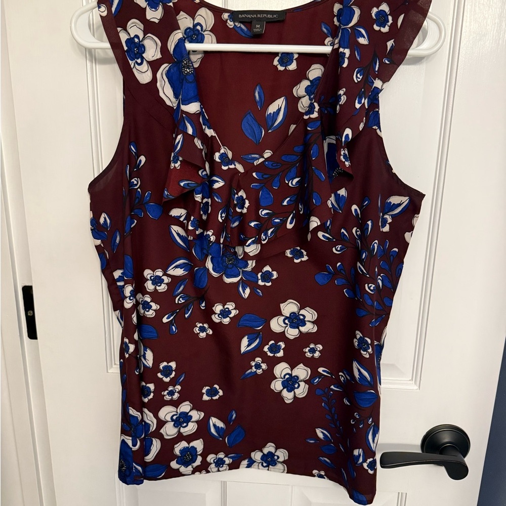 Ann Taylor Burgundy and Blue Floral Blouse